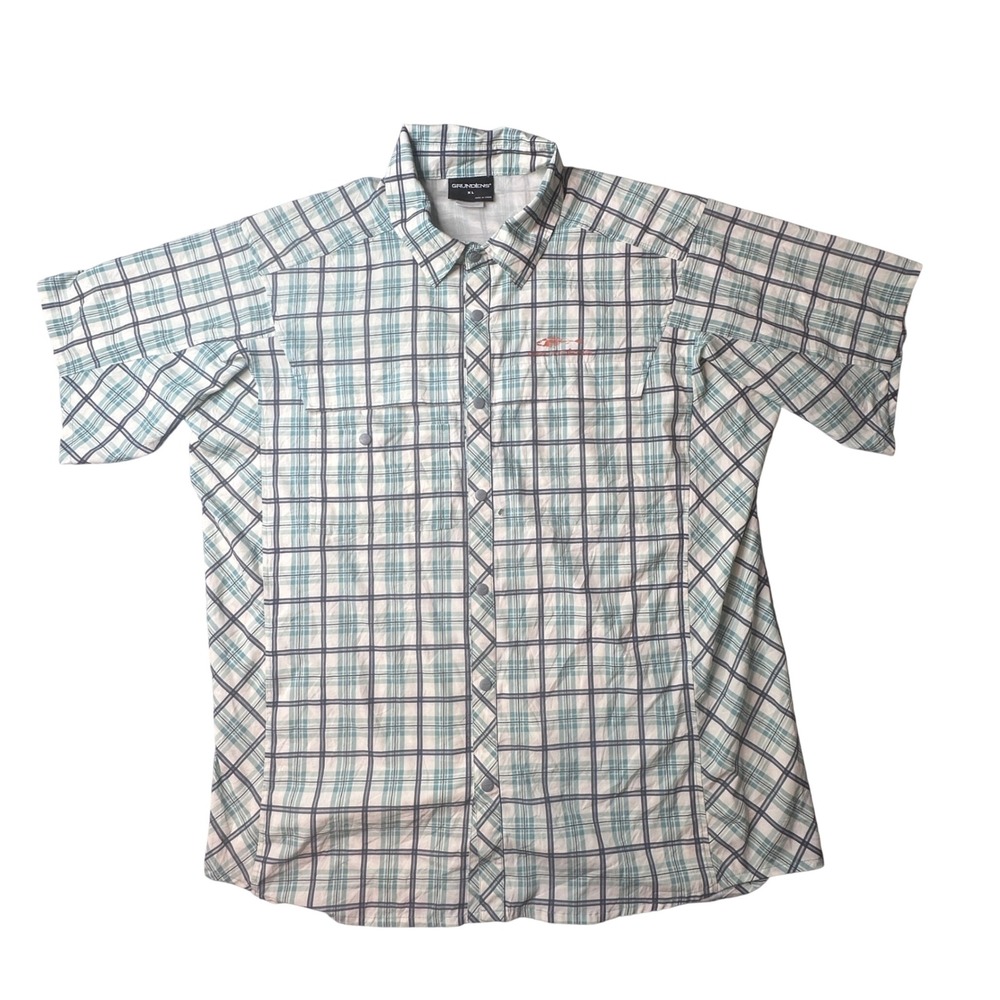 Grundens Fishing Shirt Mens XL Teal Plaid Gage Performance Short Sleeve Hole